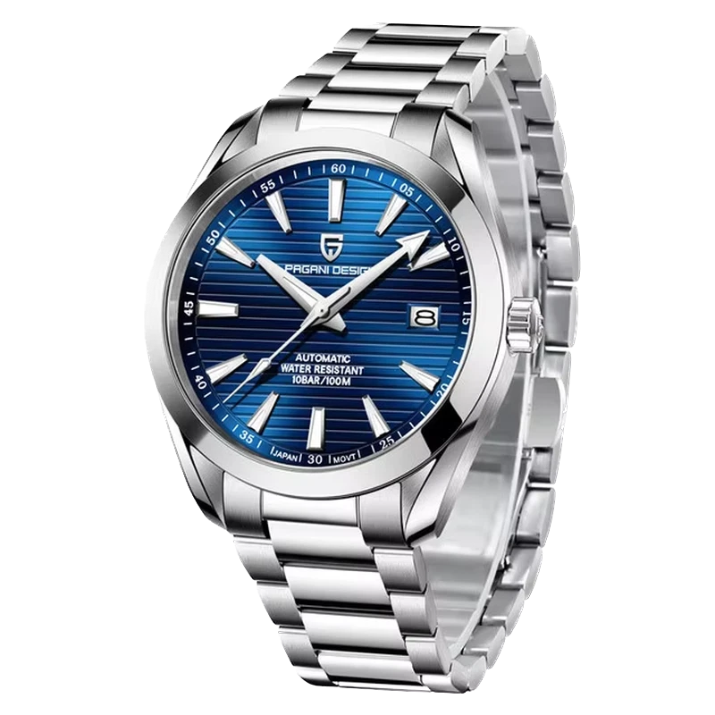 Silver watch with blue dial on a white background
