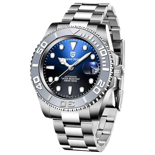 Silver wristwatch with a blue dial on a white background