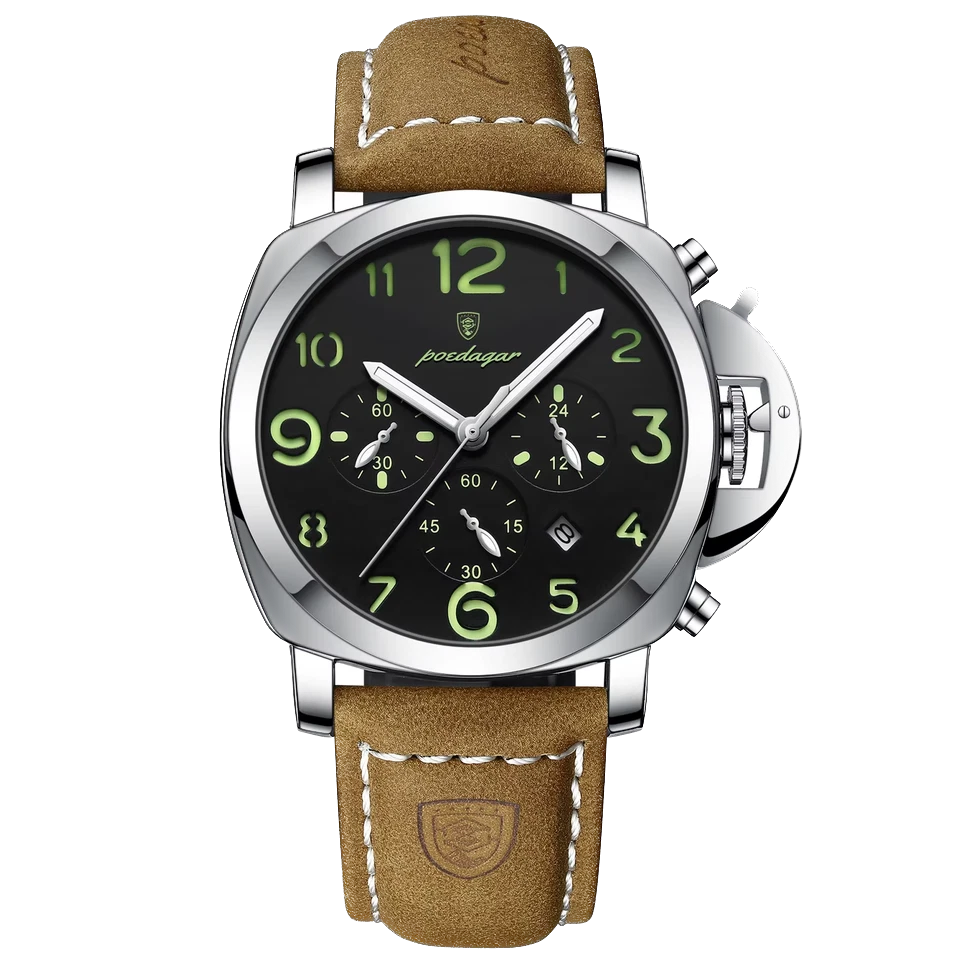 Watch with brown leather strap and black dial on a white background
