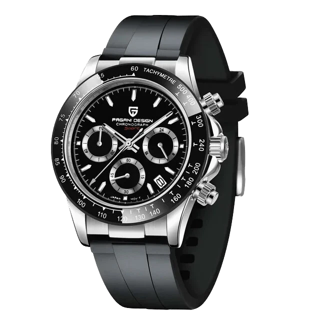 Black and silver watch with a detailed face on a white background