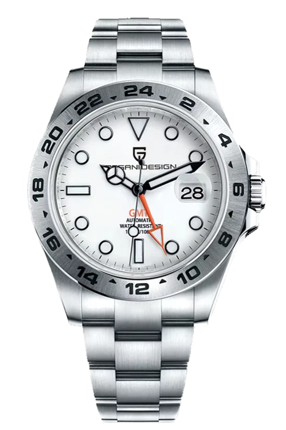 Silver watch with a white face on a white background