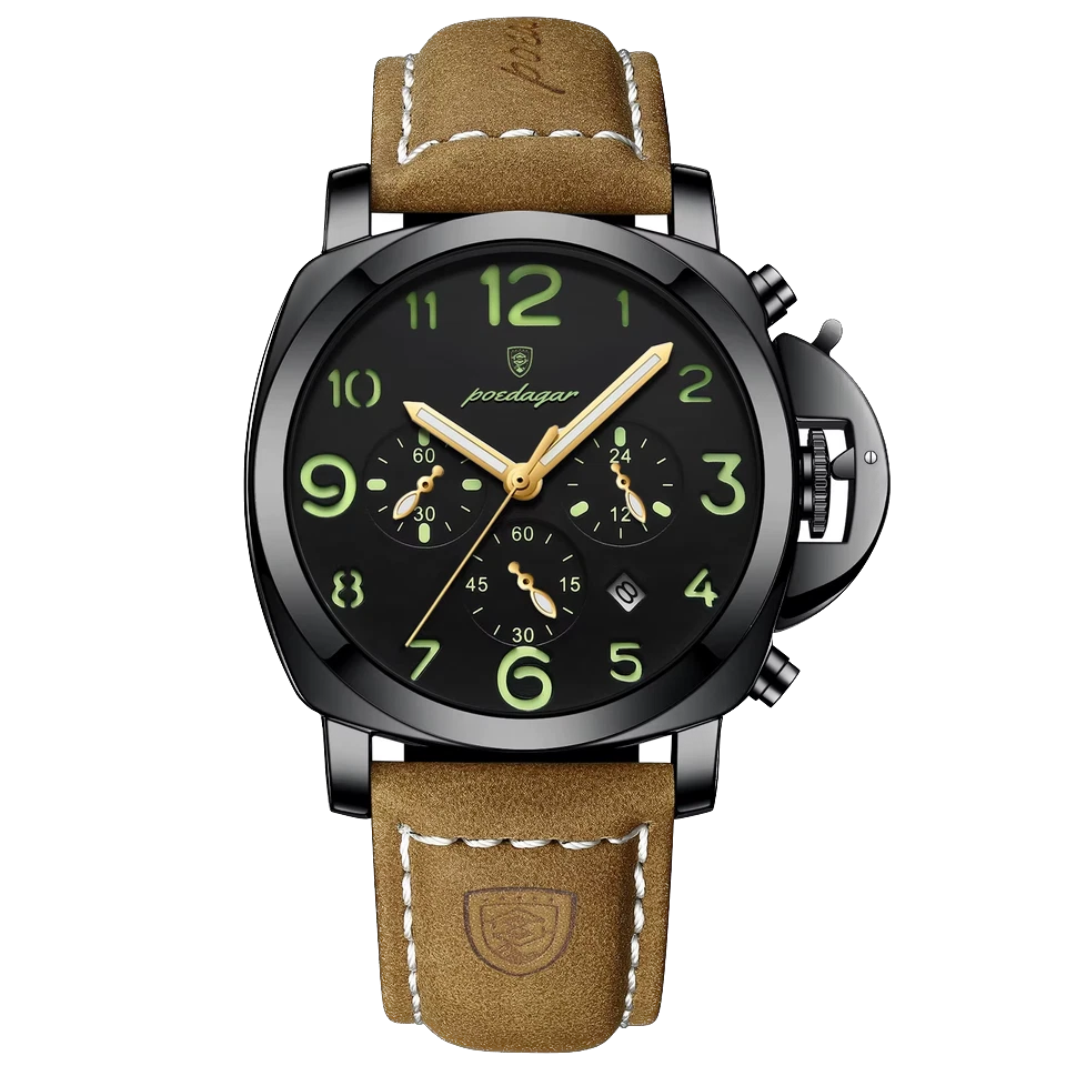 Watch with brown leather strap and black dial on a white background