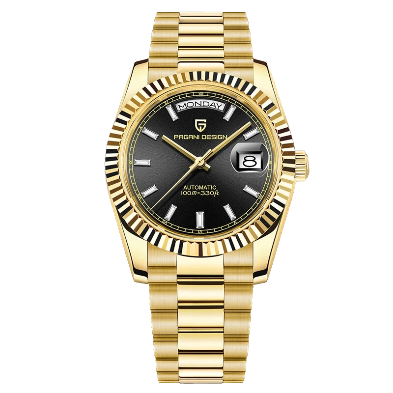 Gold wristwatch with black dial on a white background