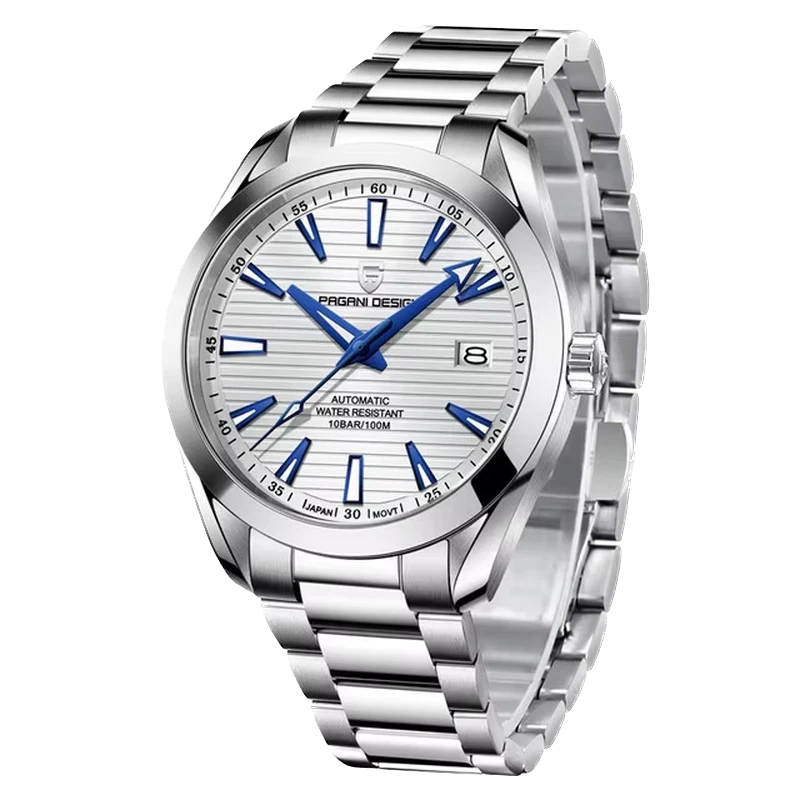 Silver watch with blue accents on a white background