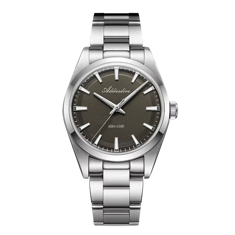 Silver watch with a dark face on a white background