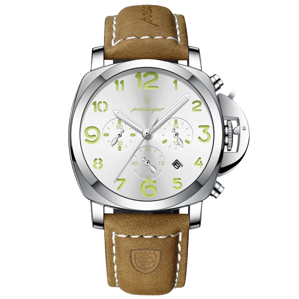 Watch with brown leather strap and green text on a white background