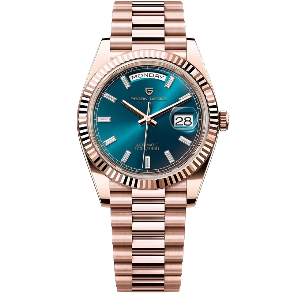 Luxury watch with rose gold strap and blue dial on a white background