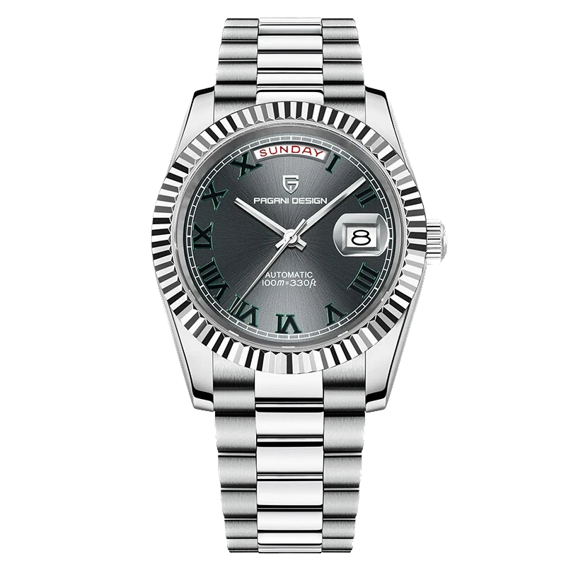 Silver watch with a dark face on a white background