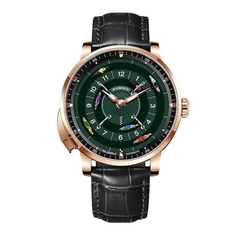 Luxury watch with black leather strap and green dial on a white background