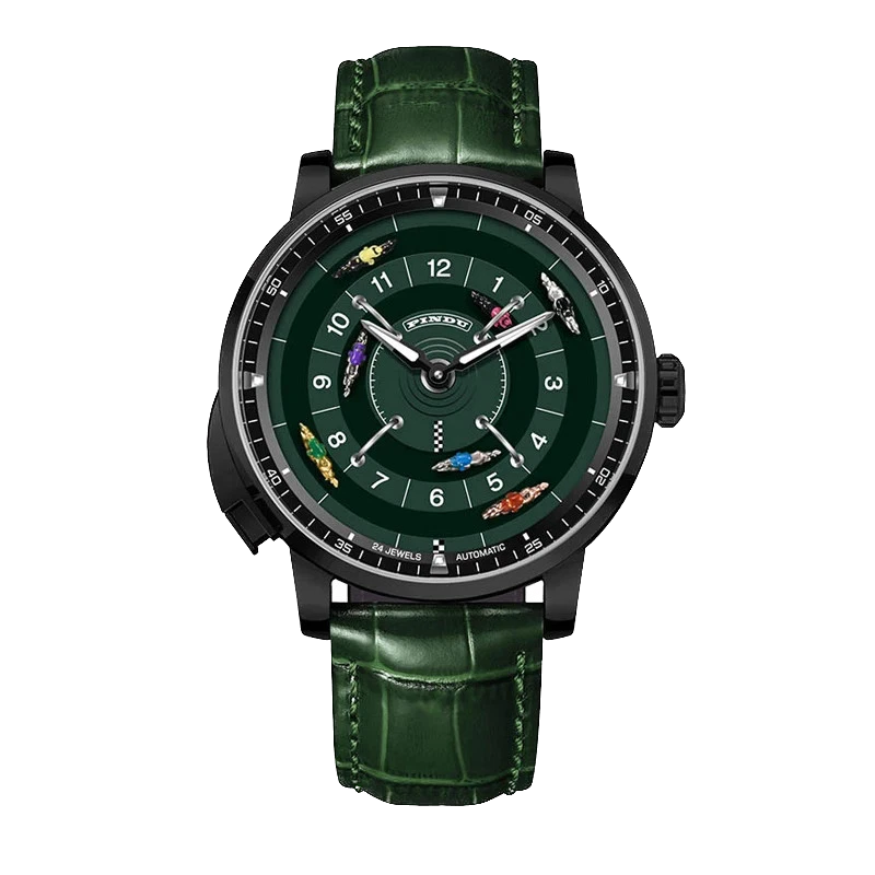 Green wristwatch with detailed face on a white background