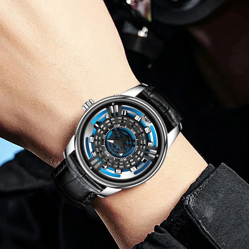 Wrist wearing a black and silver watch with a detailed face on a blurred background