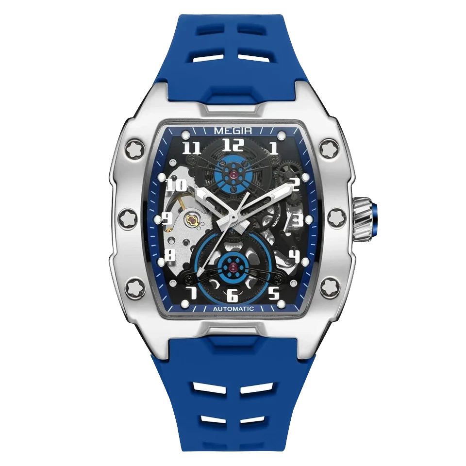 Mechanical watch with blue strap and silver case on a white background