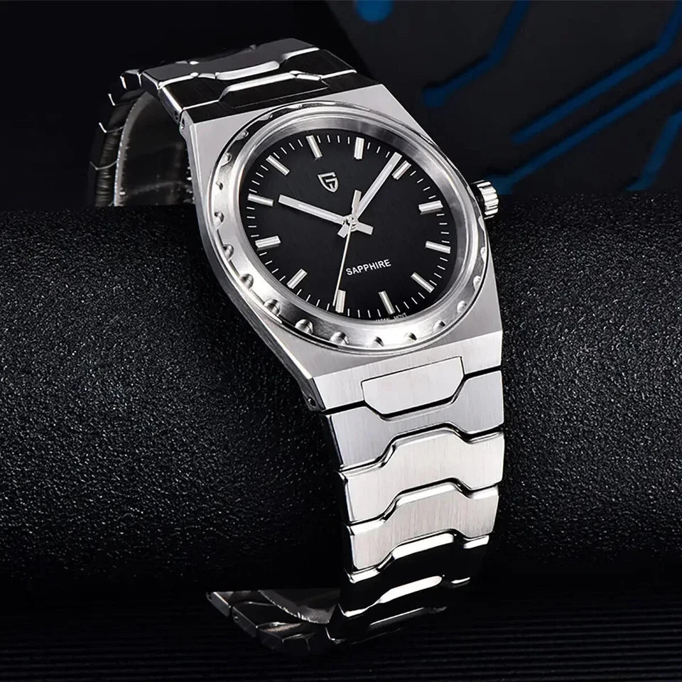 Silver watch with black dial on a dark background