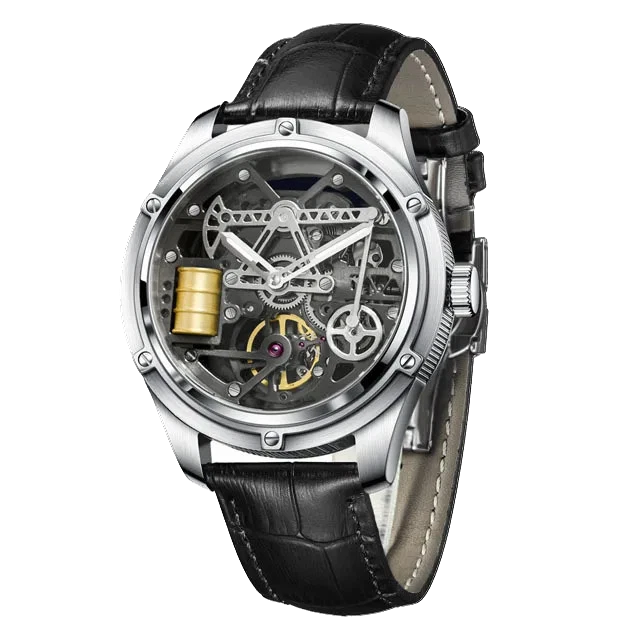 Mechanical watch with black leather strap and visible mechanical components on a white background