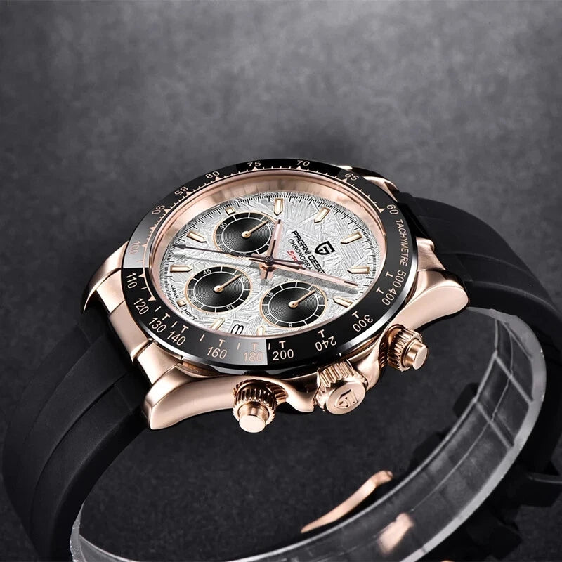 Luxury watch with rose gold case and black strap on a dark background