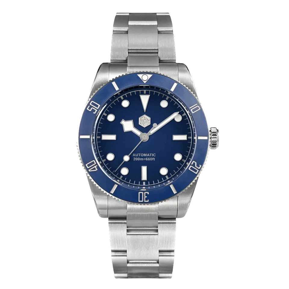 Silver watch with blue dial on a white background