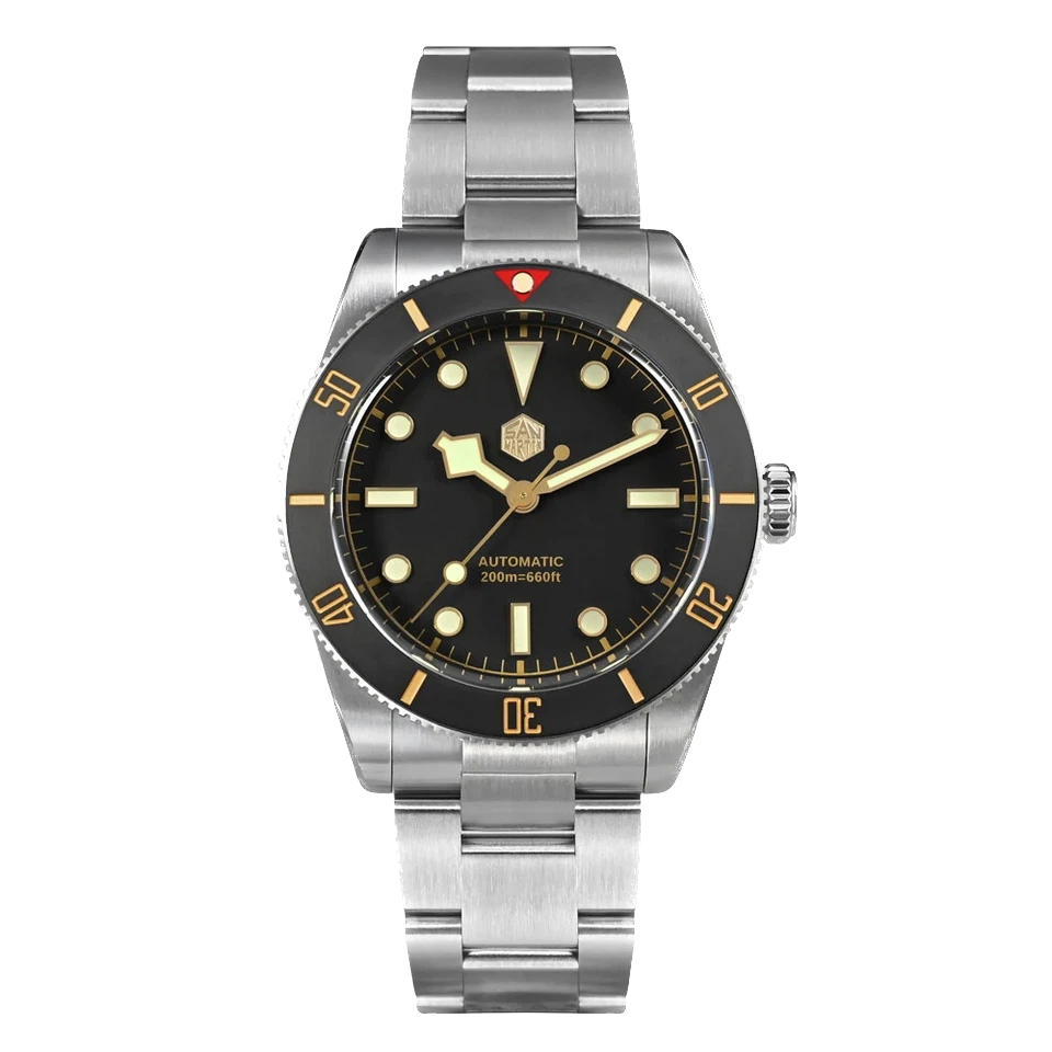 Silver watch with black face and red accent on a white background