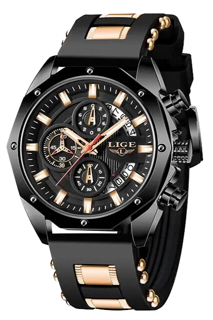 Black and rose gold watch with detailed face on a white background