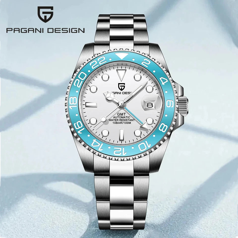 Silver and blue Pagani Design watch on a light blue background