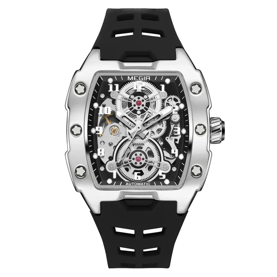 Mechanical watch with black strap and silver case on a white background
