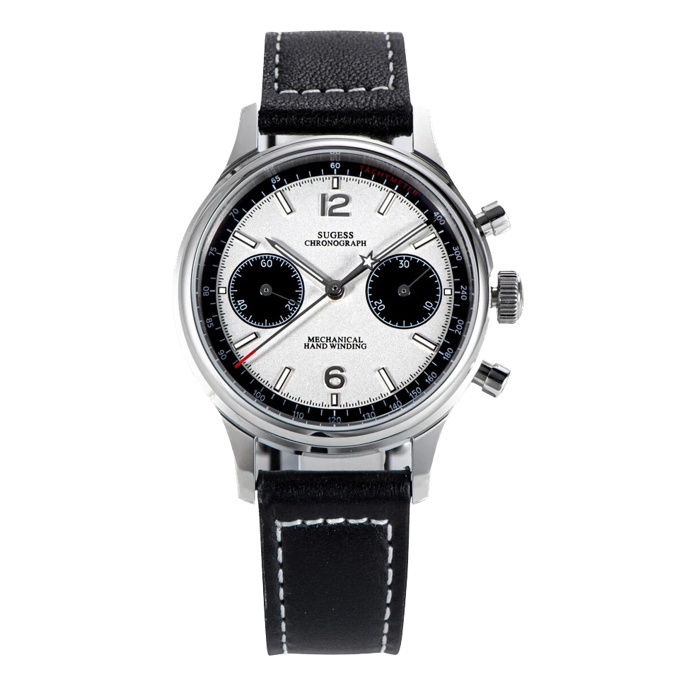 Sugess chronograph watch with black leather strap on a white background