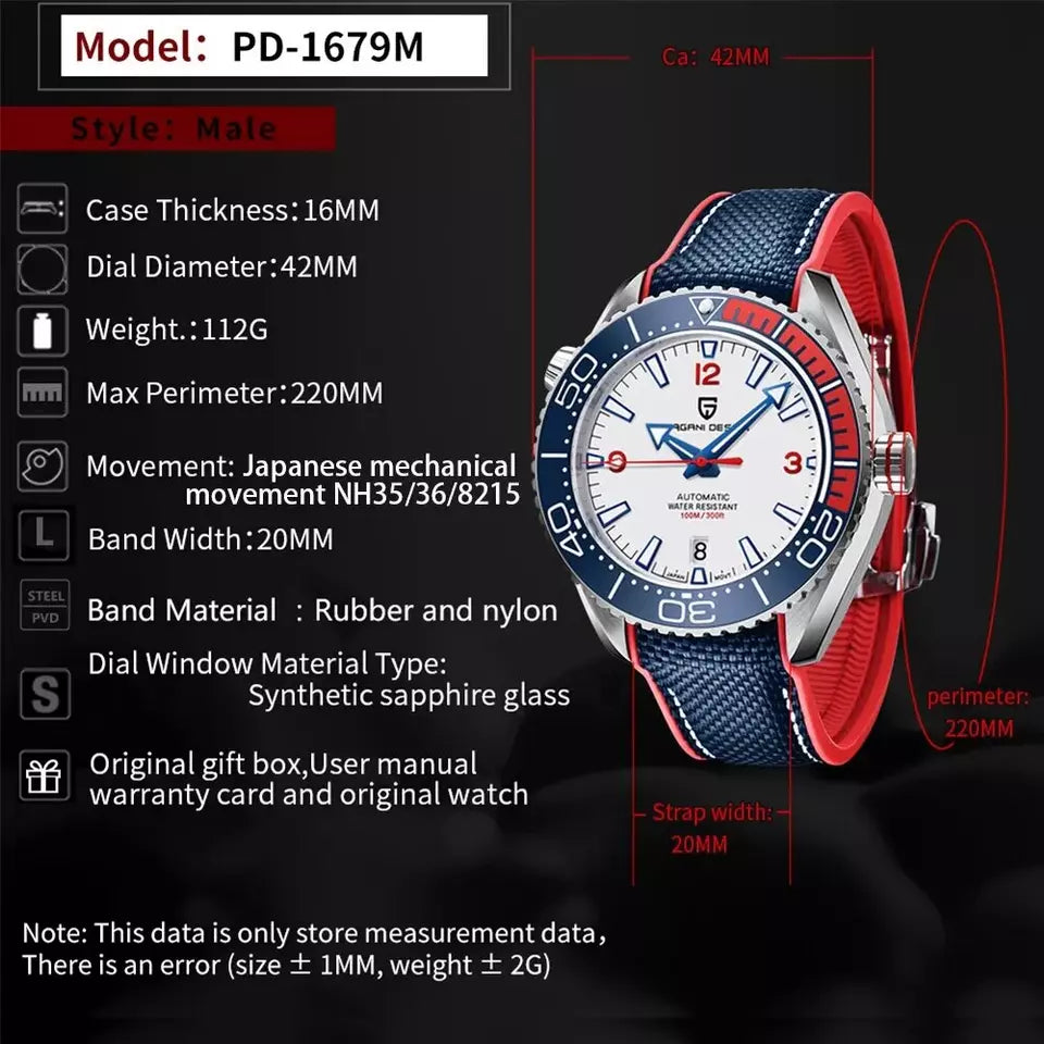 Wristwatch with red and blue strap and technical specifications on a black background