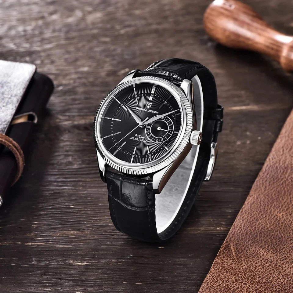 Black wristwatch with detailed face on a wooden surface