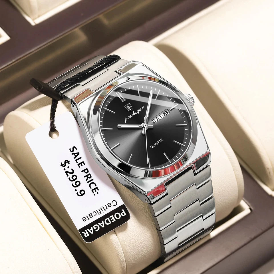 Pogemaq watch with a price tag on a beige cushion