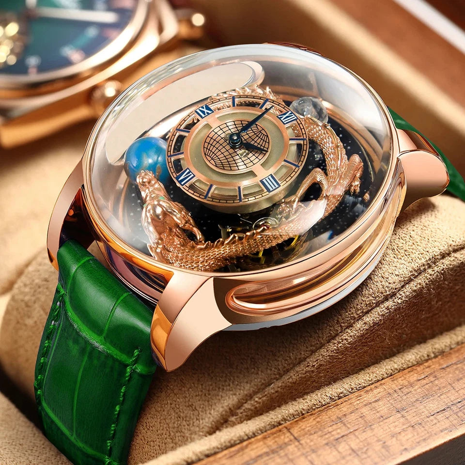 Luxury watch with green leather strap and intricate design on a wooden surface