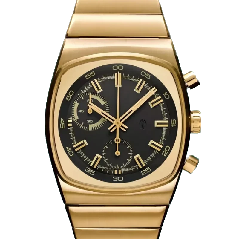 Gold wristwatch with a black dial on a white background