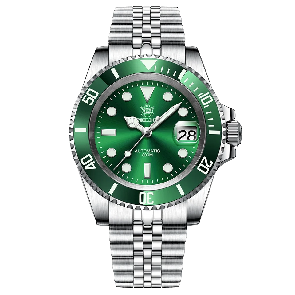 Green watch with silver case and bracelet on a white background
