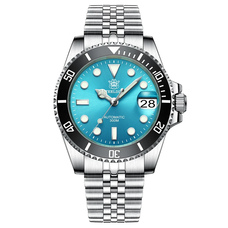Silver watch with a blue face on a white background