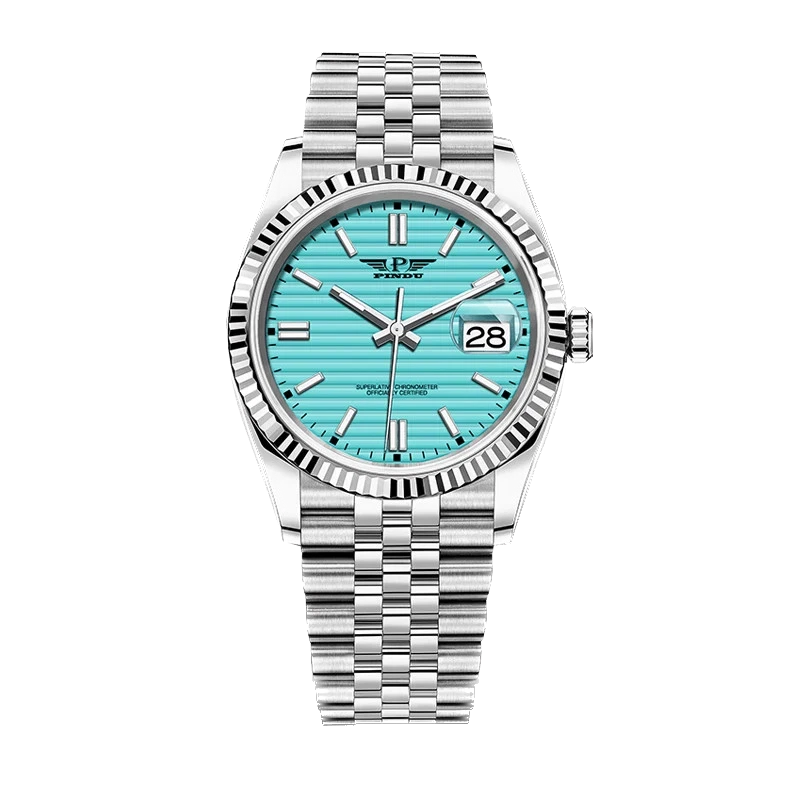 Silver watch with a turquoise face on a white background