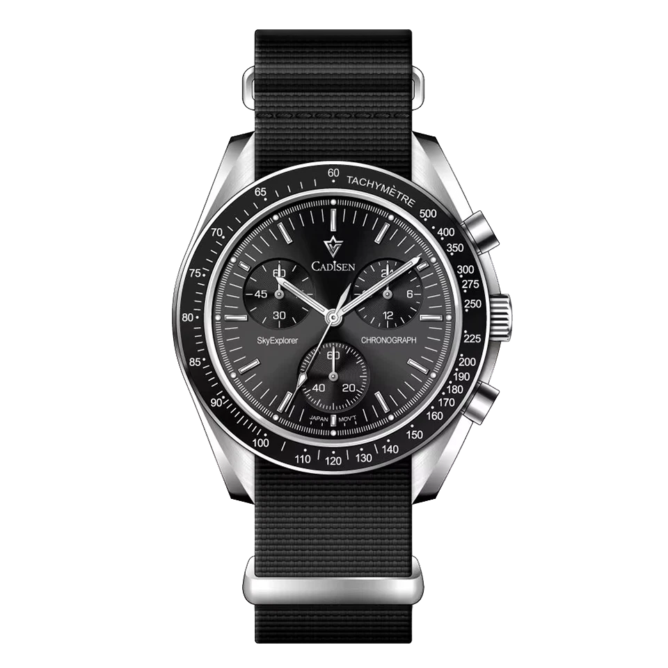 Black wristwatch with silver case and detailed face on a white background