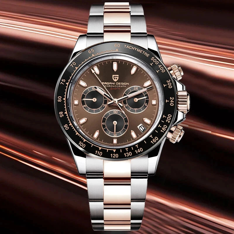 Luxury watch with brown dial and silver and rose gold band on a dark background
