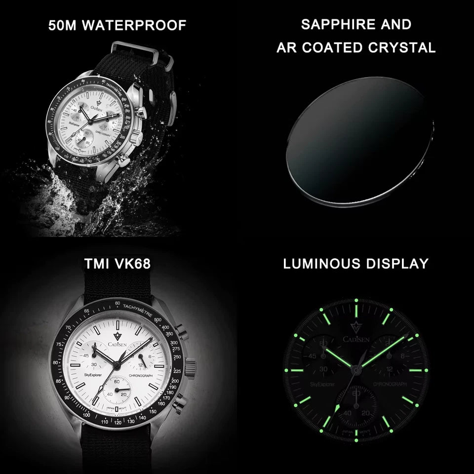 Watch with features highlighted on a black background