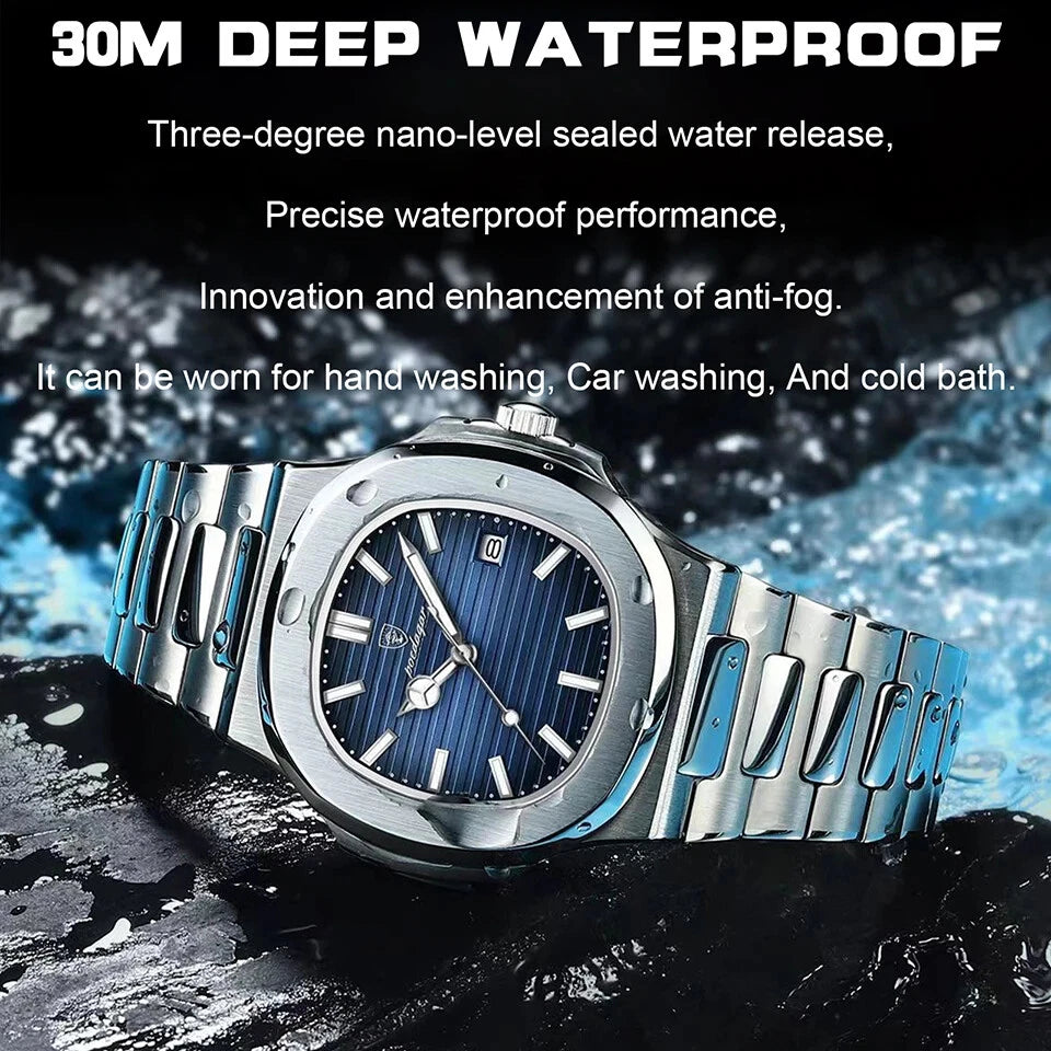 Silver watch with blue face on a water background, emphasizing waterproof features.