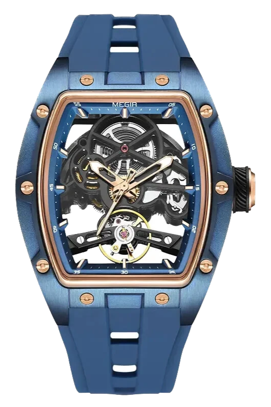 Blue mechanical watch with a detailed face on a white background