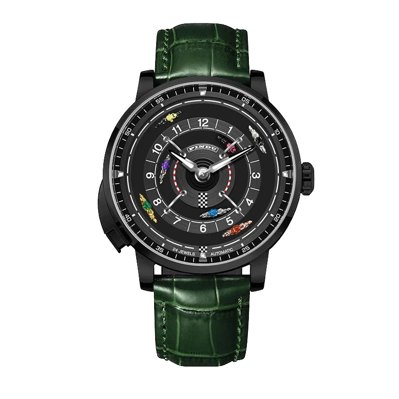 Watch with green leather strap and black dial on a white background