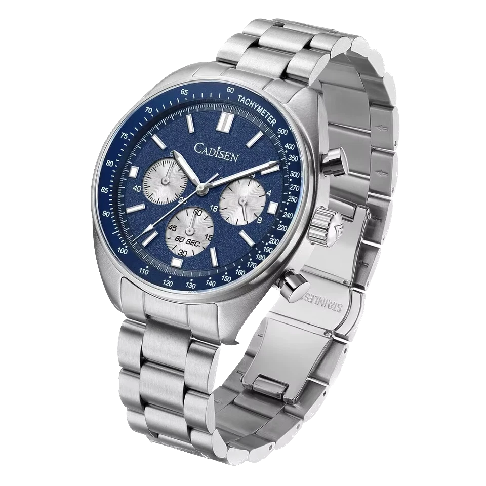 Silver watch with blue dial on a white background
