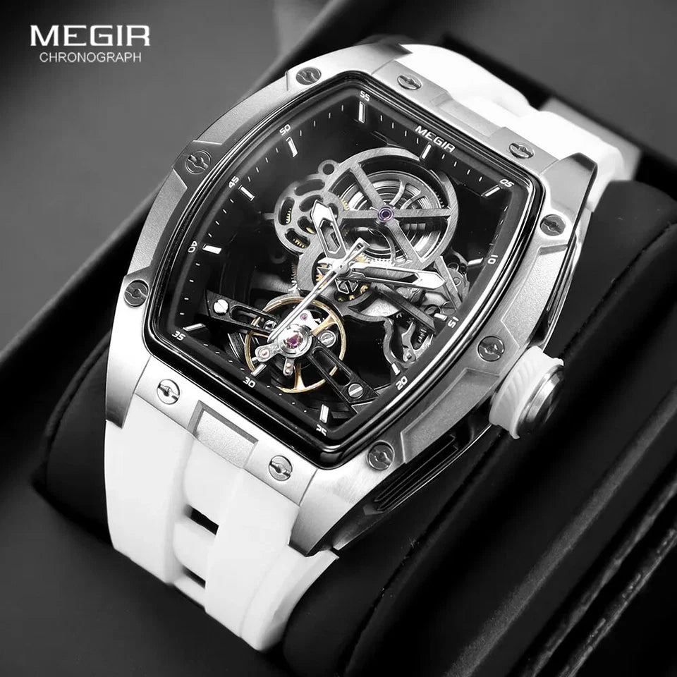 Luxury Megir chronograph watch with white strap on a dark background