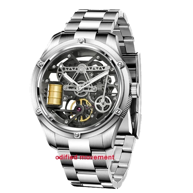 Silver watch with visible mechanical components on a white background