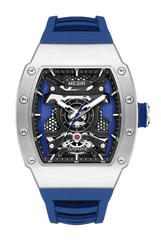 Watch with blue strap and silver case on a white background