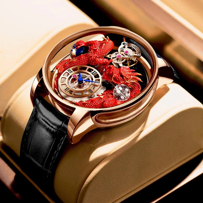 Luxury watch with detailed design and red elements on a beige surface