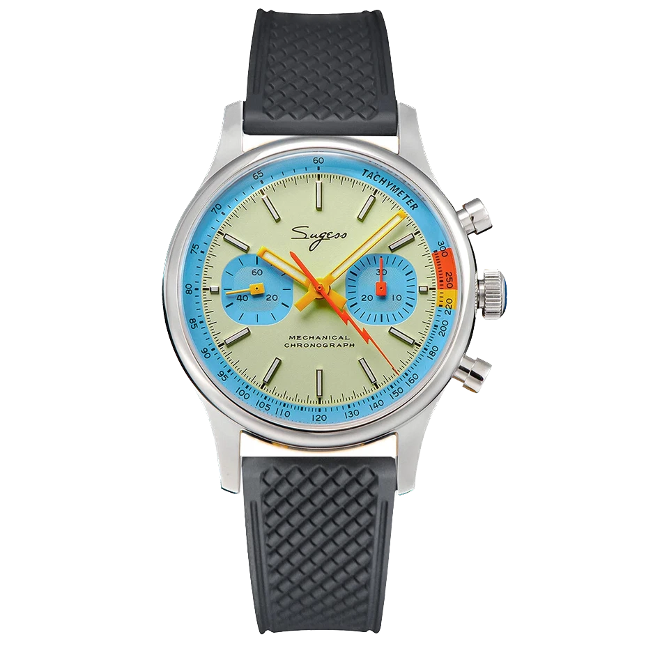 Wristwatch with a black strap and colorful dial on a white background