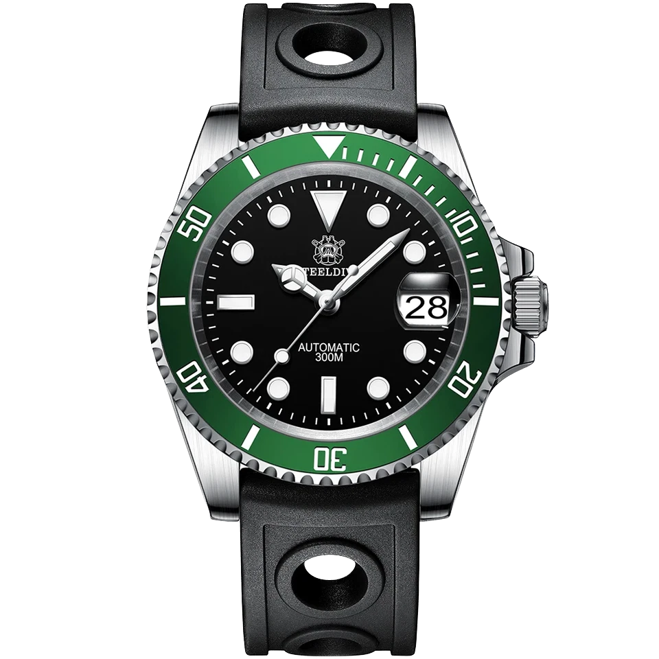 Watch with black face, green bezel, and black strap on a white background