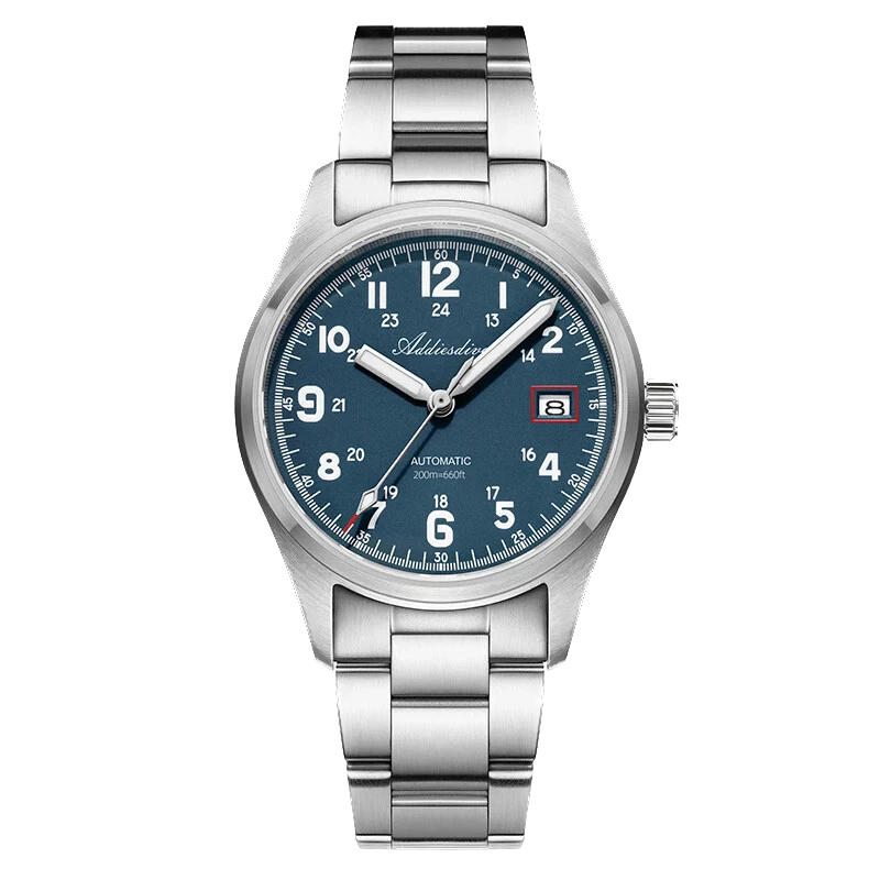 Silver watch with blue dial on a white background