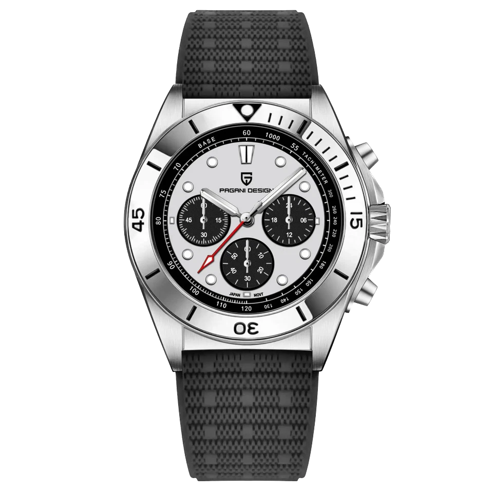 Wristwatch with black strap and detailed face on a white background