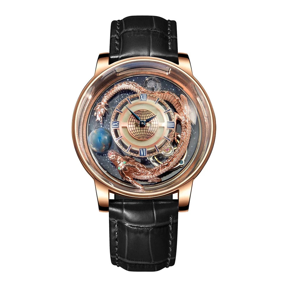 Luxury watch with black leather strap and intricate design on a white background