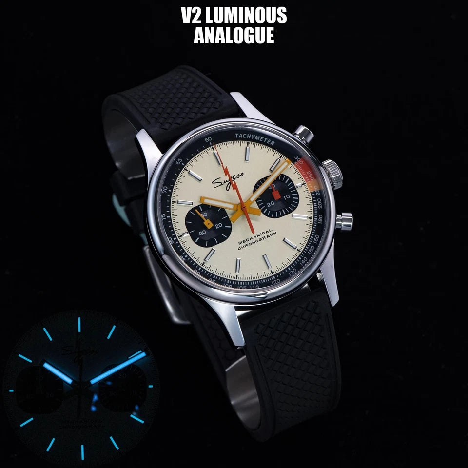 Luminous analogue watch with black strap on a dark background